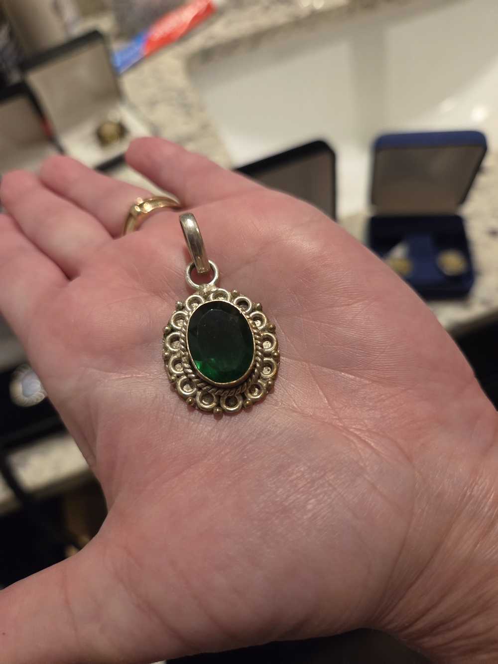 Vintage Mixed Metal Pendant with Deep Green Oval Stone